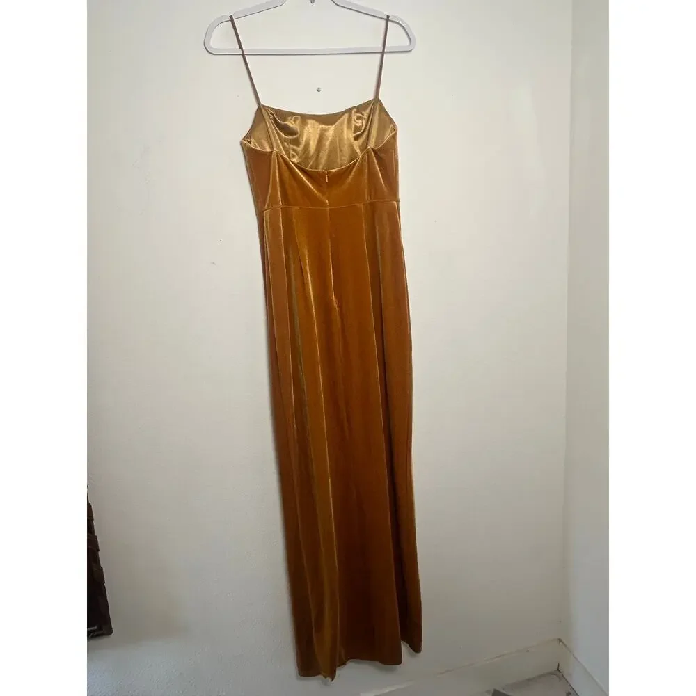 Jenny Yoo Logan Velvet Maxi Dress Marigold Gold Square Neck Slit Size 4